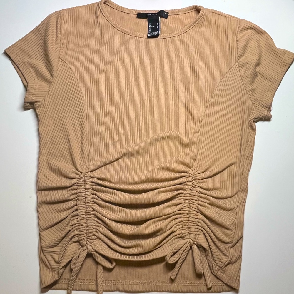 FOREVER21 Tan Cropped Rutched Shirt